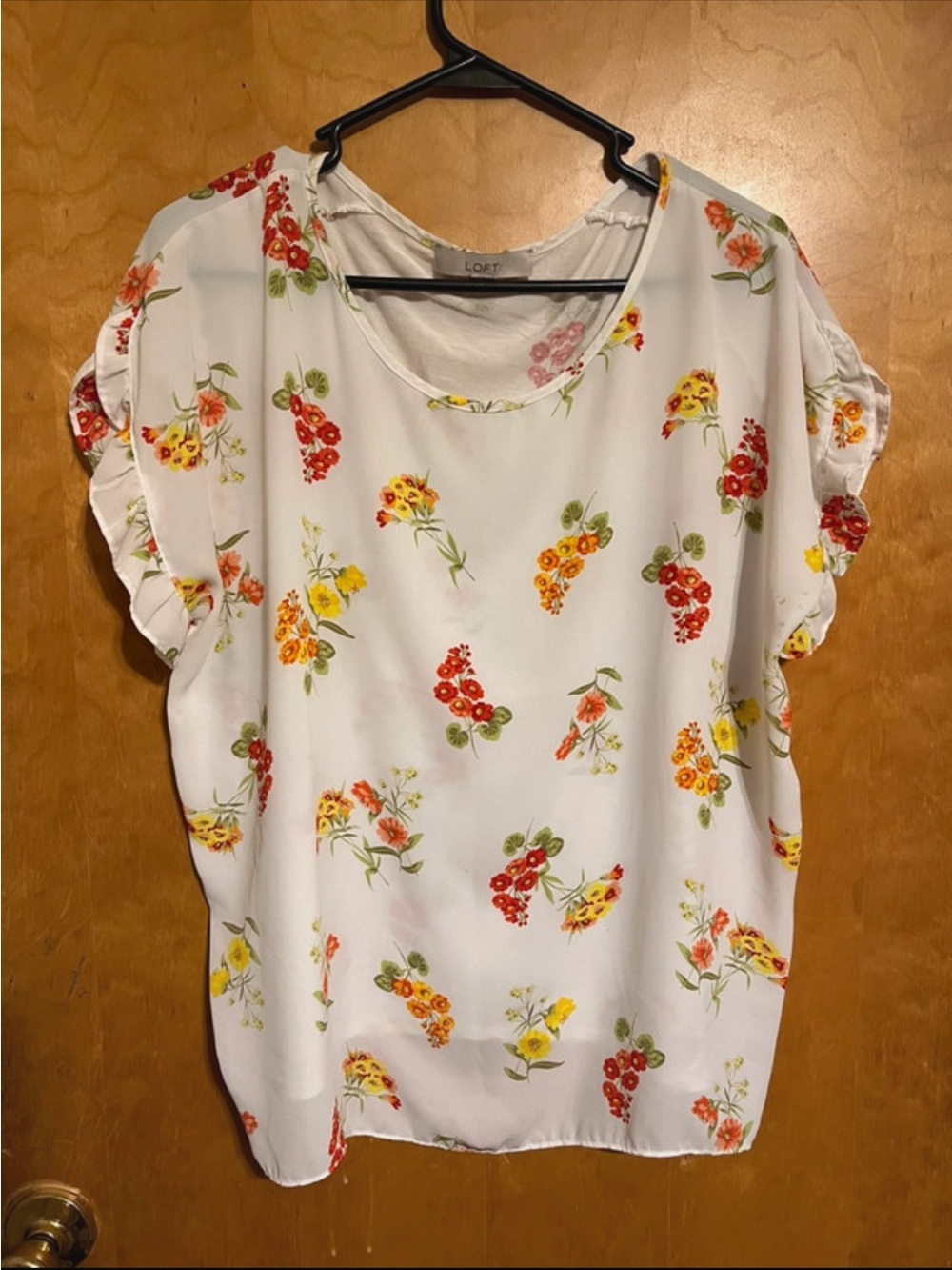 LOFT White Floral Ruffle Sleeve Blouse